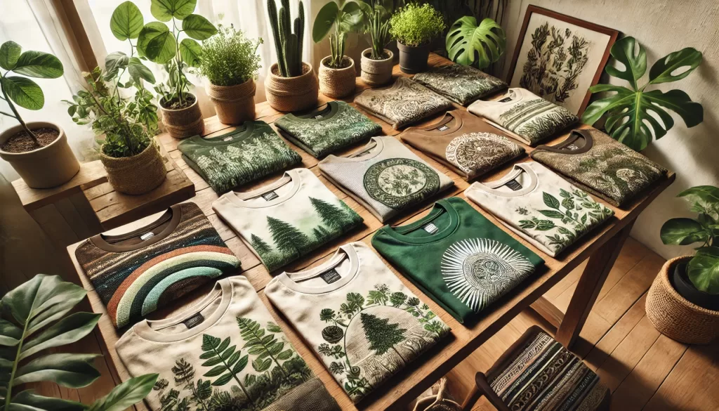 A wooden table displaying eco-friendly t-shirts, arranged neatly in a grid. The t-shirts, made from organic cotton and recycled materials, feature various nature-inspired designs including trees, leaves, and natural patterns.