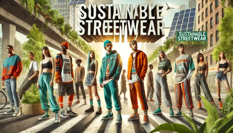 A vibrant urban street scene featuring diverse individuals wearing stylish sustainable streetwear made from eco-friendly materials like organic cotton, recycled fabrics, and hemp. The outfits include modern, trendy designs such as graphic tees, hoodies, joggers, and sneakers.