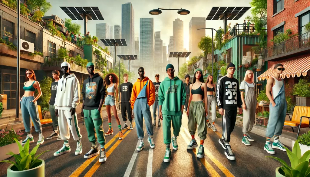 A vibrant urban street scene featuring diverse individuals wearing stylish sustainable streetwear made from eco-friendly materials like organic cotton, recycled fabrics, and hemp. The outfits include modern, trendy designs such as graphic tees, hoodies, joggers, and sneakers.