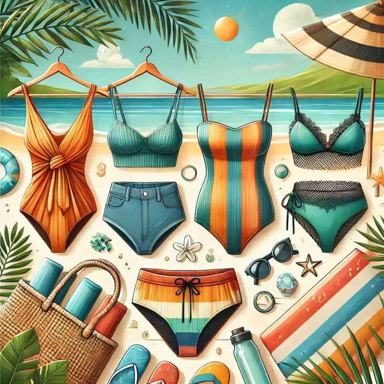 Thumbnail image for a blog post titled 'Sustainable Swimwear Brands' featuring stylish and colorful swimwear made from eco-friendly materials on a sunny beach with clear blue sky, lush greenery, beach towels, umbrellas, and reusable water bottles.