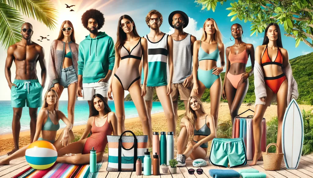 A diverse group of people enjoying a sunny beach, all wearing stylish and colorful sustainable swimwear made from eco-friendly materials like recycled polyester and organic fabrics. The background includes a clear blue sky, vibrant ocean, sandy beach, and lush greenery, with beach towels, umbrellas, and reusable water bottles emphasizing the environmentally conscious theme.