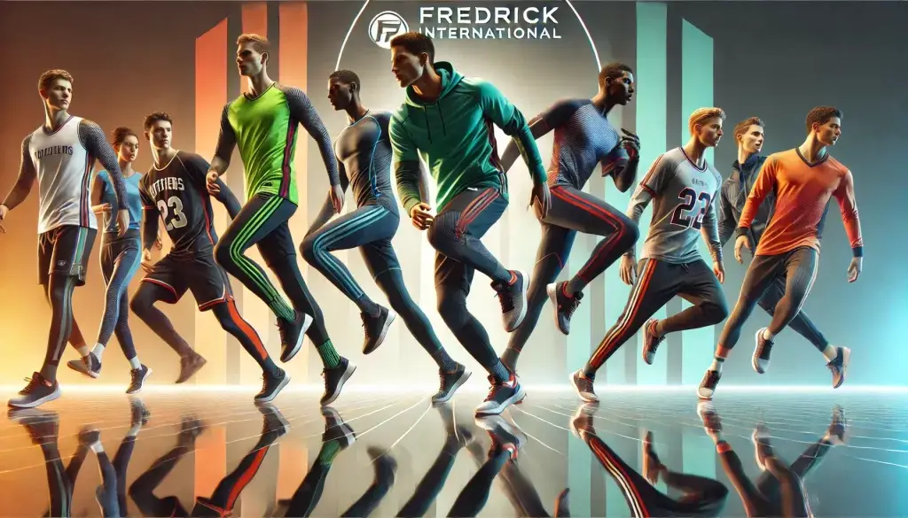 Variety of custom sportswear items from Fredrick International displayed on mannequins and athletes.