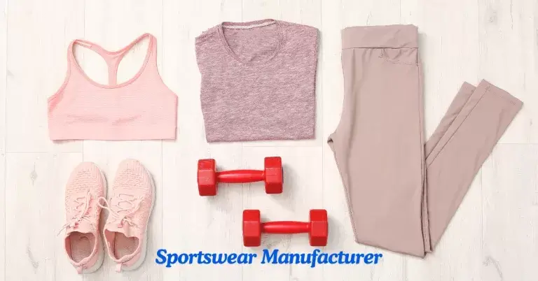 A collection of sportswear and equipment laid out on a wooden floor. The items include a pink sports bra, a grey t-shirt, mauve leggings, a pair of pink sneakers, and two red dumbbells. Above the items, the text “Sportswear Manufacturer” is prominently displayed.