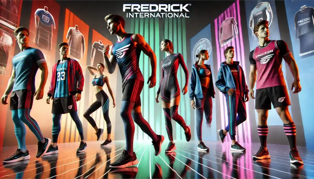 Fredrick International's custom sportswear featuring athletes in dynamic poses wearing personalized athletic clothing, including jerseys, leggings, and jackets. The brand’s logo and emphasis on quality and innovation are subtly highlighted in the background.