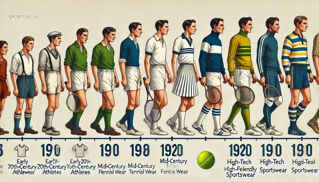 An image illustrating the evolution of sportswear through different eras, starting with early 20th-century athletes in simple cotton jerseys, progressing to mid-century tennis players in pleated skirts, and ending with modern athletes in high-tech, eco-friendly sportswear. The image shows a timeline highlighting key periods and corresponding sportswear styles.