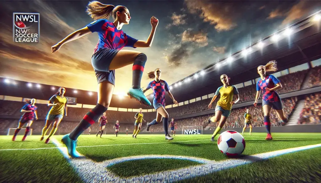 A vibrant, action-packed image of a National Women’s Soccer League (NWSL) match, showcasing female athletes in dynamic motion.