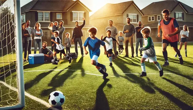 Action shot of a youth soccer game on a well-maintained grass field with parents and coaches cheering on the sidelines. Houses are visible in the suburban background.