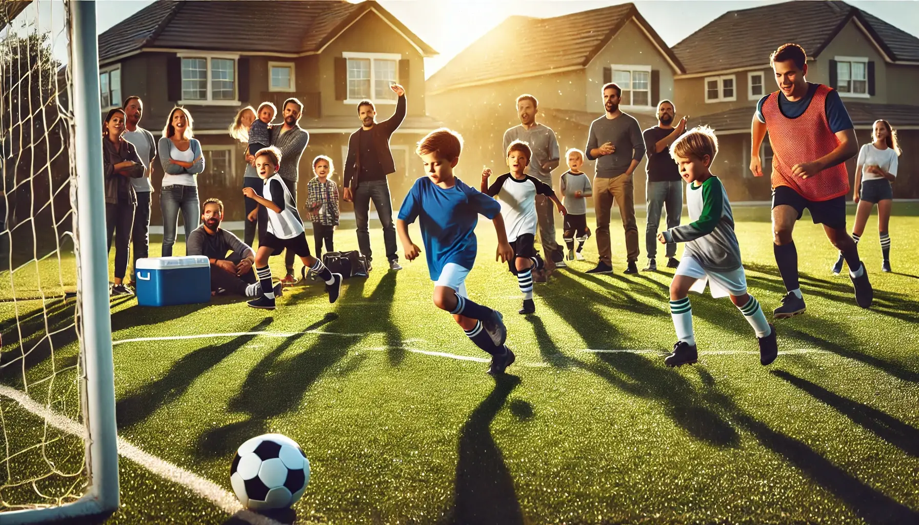 Action shot of a youth soccer game on a well-maintained grass field with parents and coaches cheering on the sidelines. Houses are visible in the suburban background.