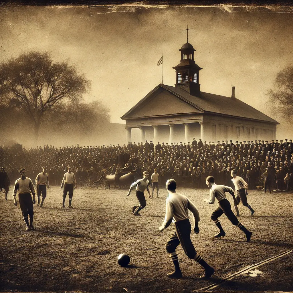 A historic black and white photograph of an early 20th-century soccer match in the USA. Players are in vintage uniforms, playing on a simple dirt field with a small crowd of spectators. The image has an old, grainy texture, capturing the nostalgic atmosphere and period-accurate details.