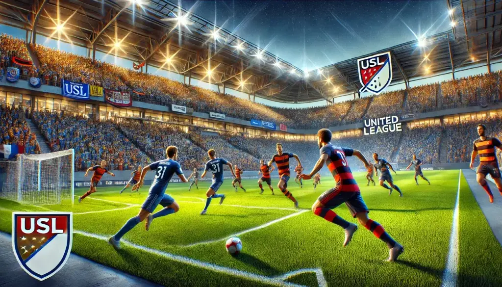 An energetic United Soccer League (USL) match with players in mid-action on a lush, green field. The stadium is filled with passionate fans waving flags and banners. The scene is illuminated by bright stadium lights under a clear night sky.