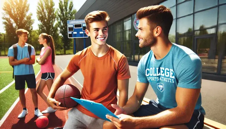 A college coach talking to a high school athlete on a sports field. The coach holds a clipboard, and the student is in sports attire, looking excited. Other students practice in the background.