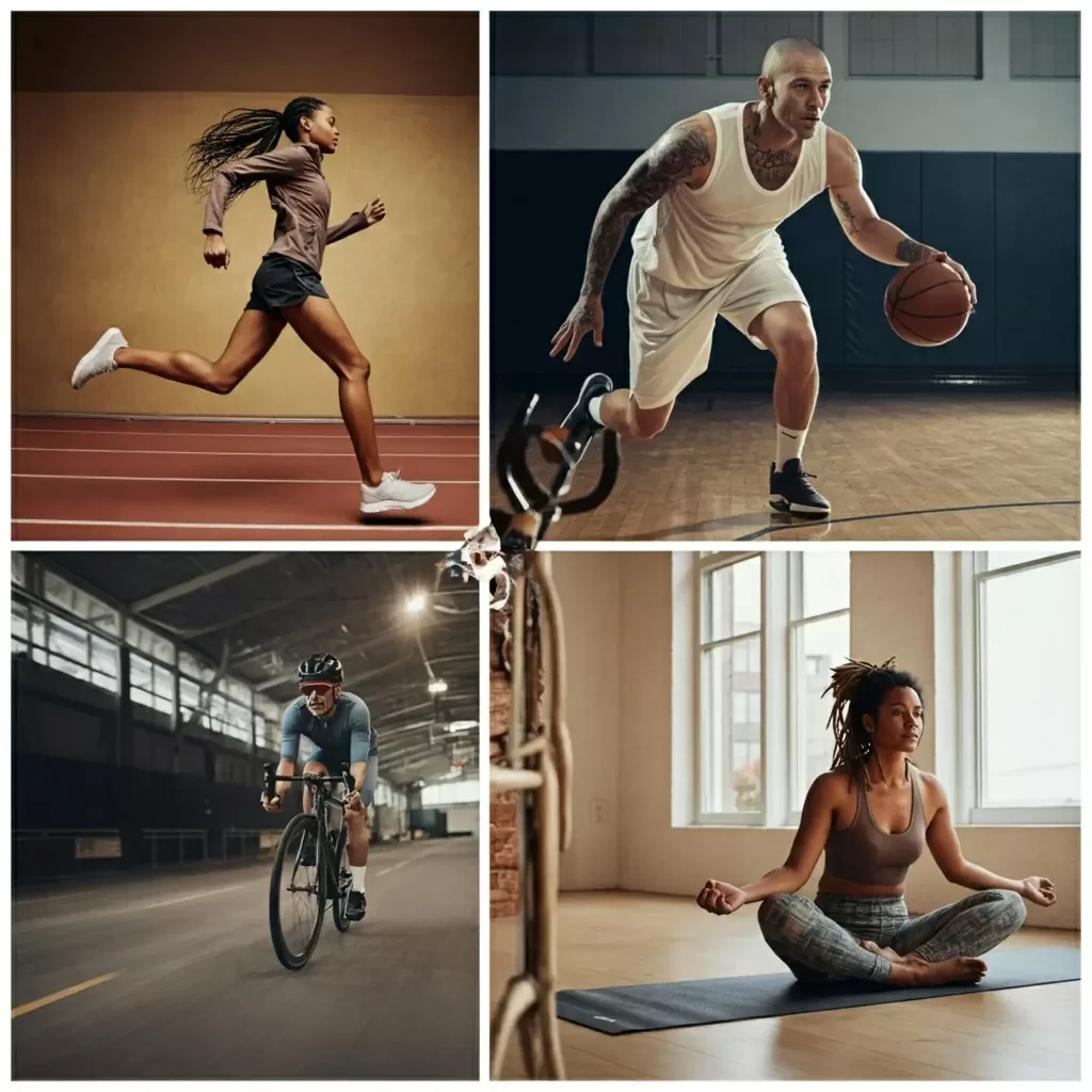 A collage featuring four athletes: a runner on a track, a basketball player dribbling on a court, a cyclist riding in an indoor track, and a yoga practitioner meditating in a bright studio.