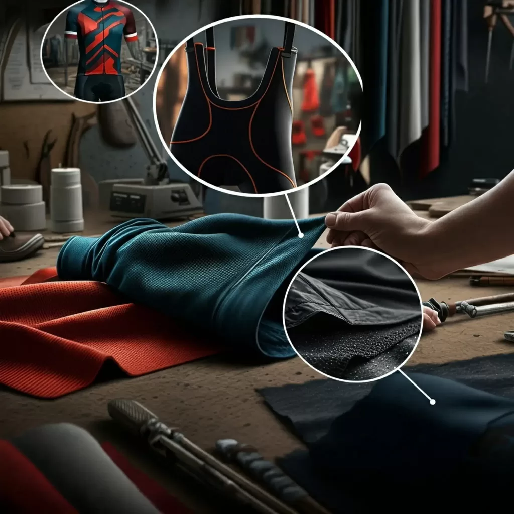 A close-up of sport-specific apparel materials on a workshop table, with detailed insets showing fabric textures, a cycling jersey, and a performance suit.