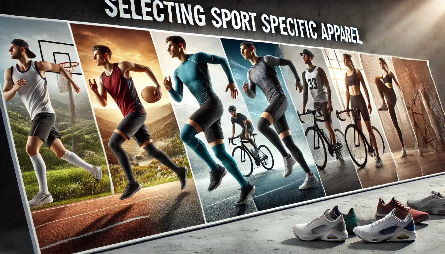 A detailed, lifelike image of four athletes showcasing sport-specific apparel: a runner on a track, a basketball player on a court, a cyclist on a road, and a yoga practitioner in a studio.