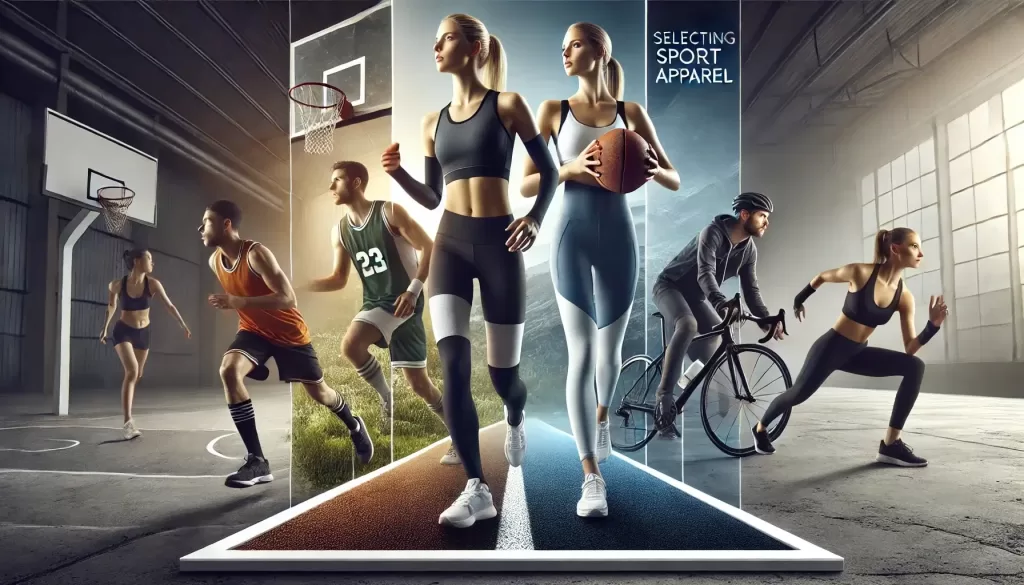 A realistic image featuring four athletes in action: a runner in compression gear on a track, a basketball player in a jersey on a court, a cyclist in aerodynamic clothing on a road, and a yoga practitioner in flexible attire in a studio.
