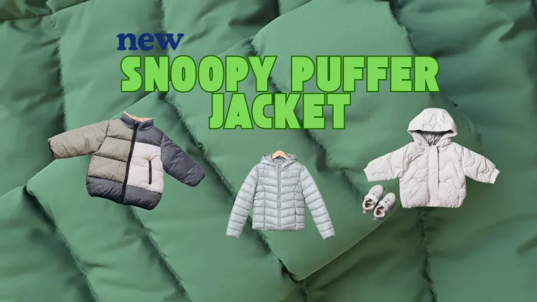 The banner for Snoopy Puffer Jacket features text and products