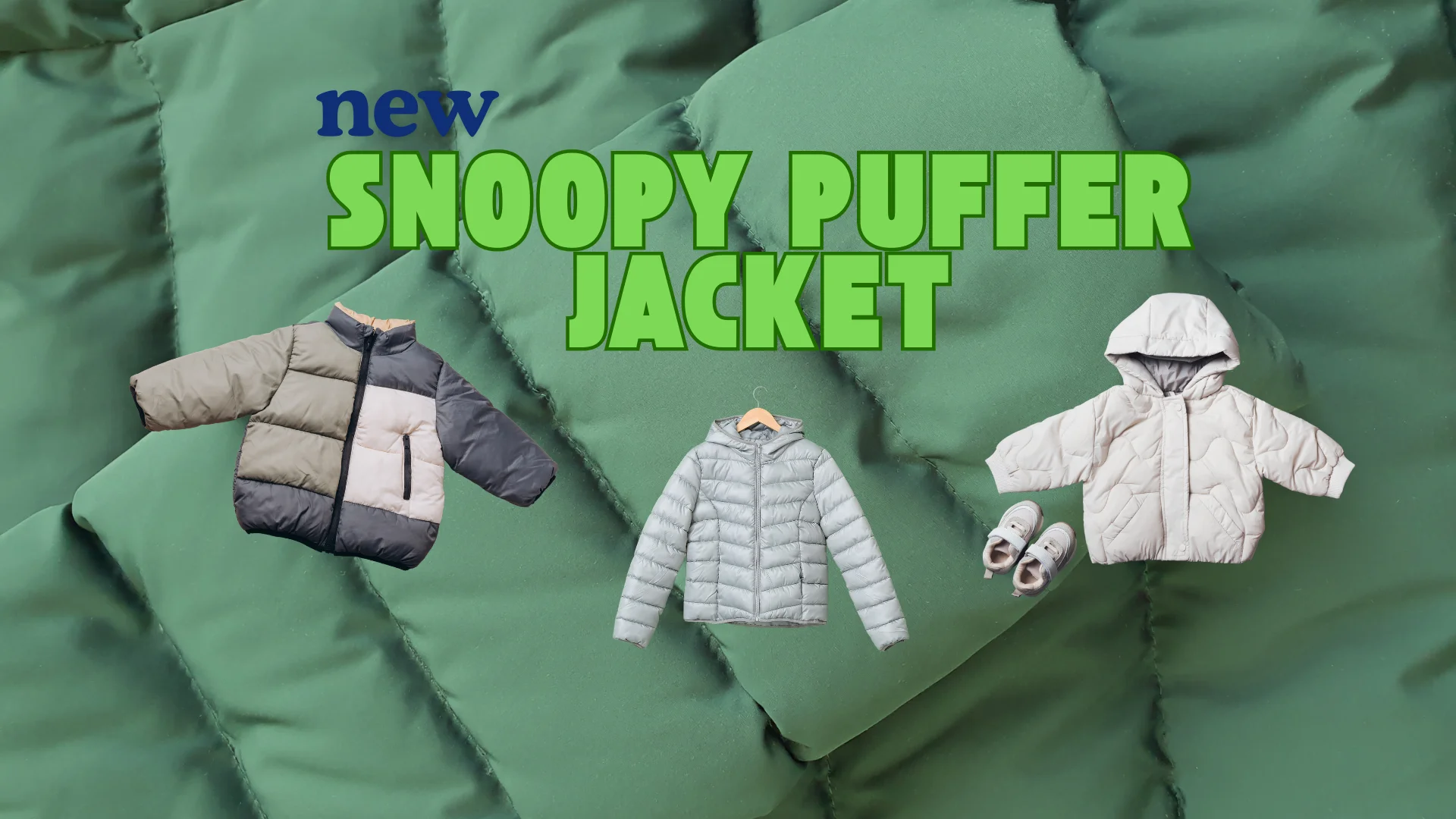 The banner for Snoopy Puffer Jacket features text and products