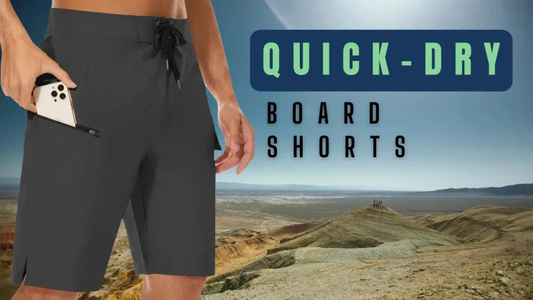 A Quick-Dry Board Shorts wearing a man with her phone.A man wearing Quick-Dry Board Shorts is holding his phone.
