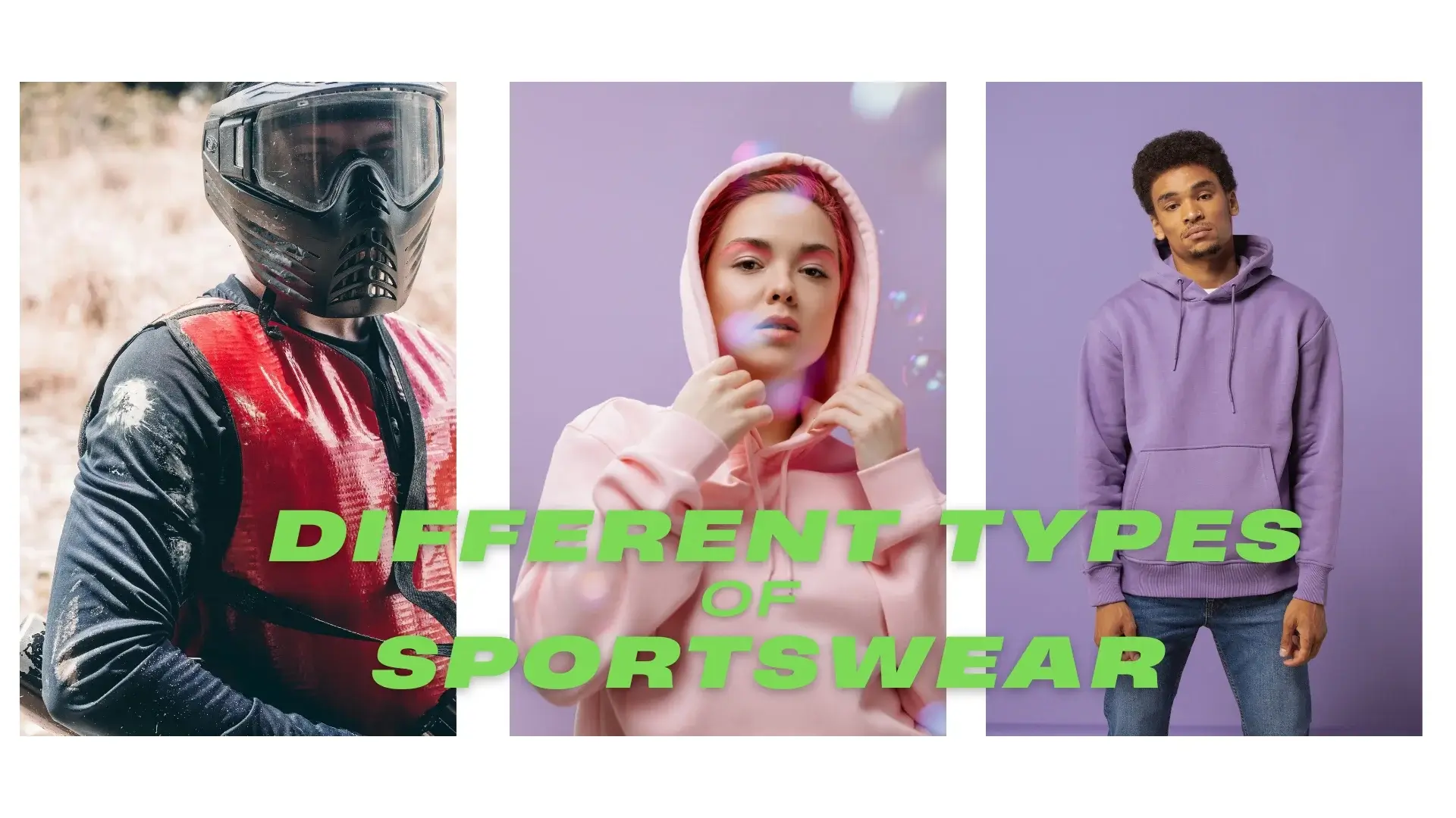 Different types of sportswear with text information.